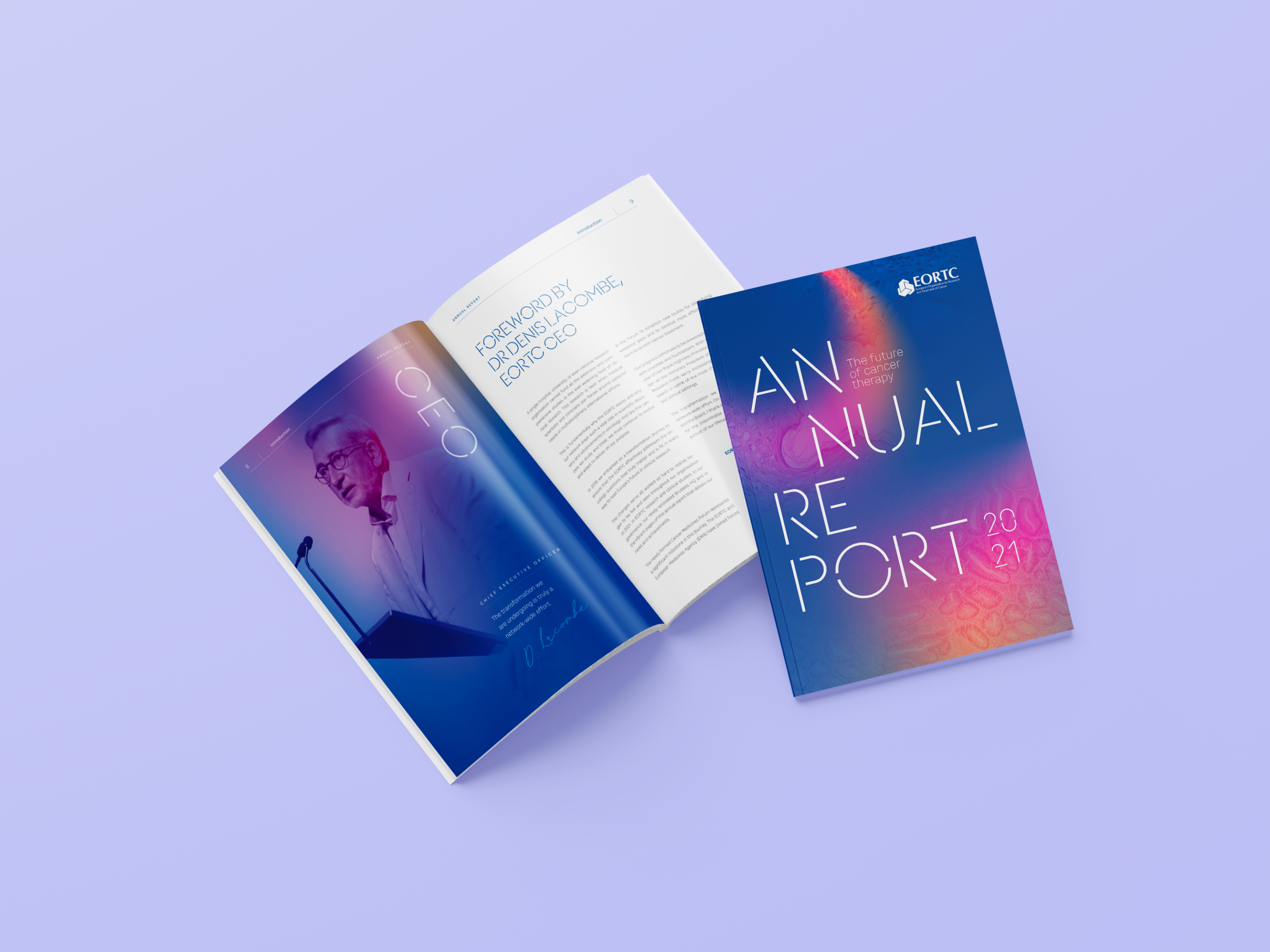 Some examples of pages from the EORTC Annual Report by our creative communications agency Atelier Design