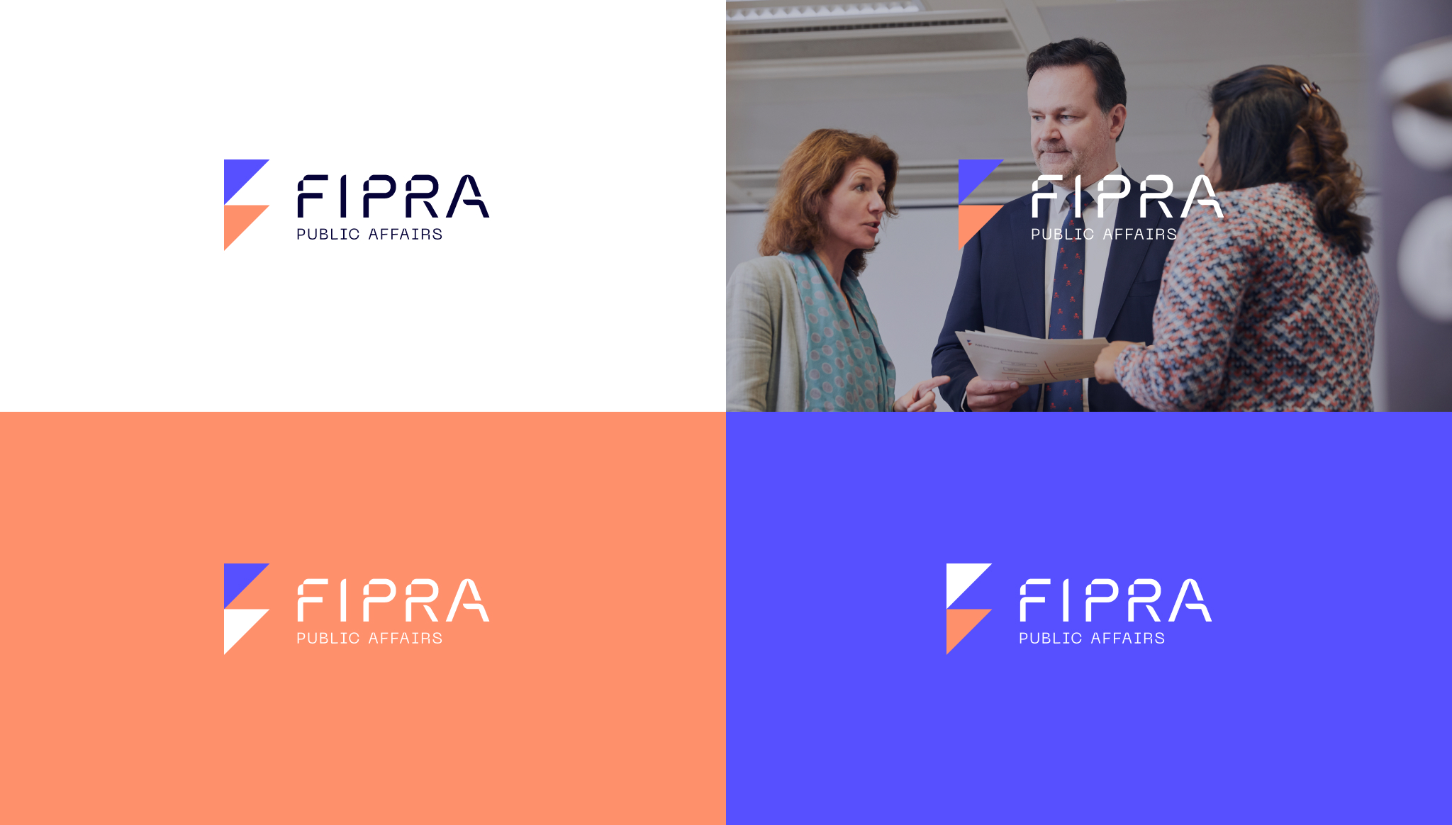 Verschillende versies van het Fipra-logo, gemaakt door Atelier Design, creatief communicatiebureau in Brussel